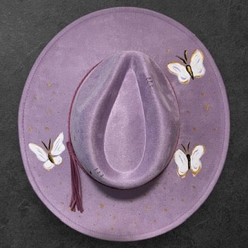 ONE SIZE: Vegan Suede Lilac Hat with Butterflies and Moon - Wide Brim Fedora