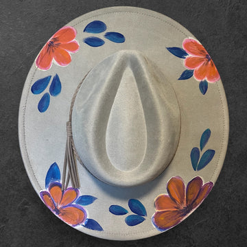 ONE SIZE: Vegan Suede Baby Blue with flowers - Wide Brim Fedora