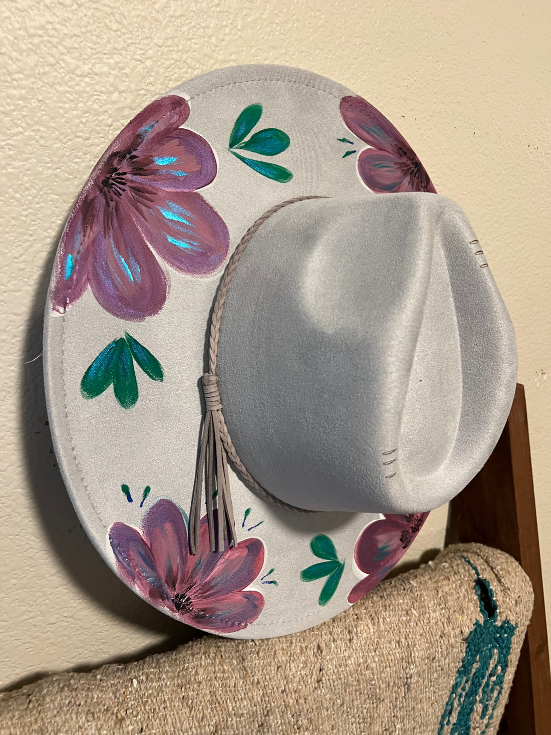 ONE SIZE: Vegan Suede Baby Blue with purple flowers - Wide Brim Fedora