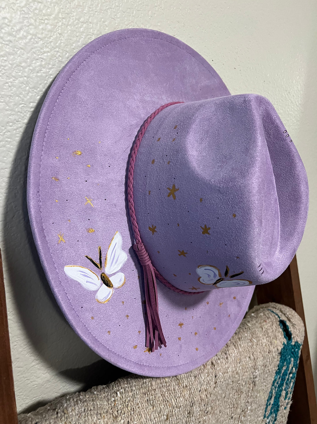 ONE SIZE: Vegan Suede Lilac Hat with Butterflies and Moon - Wide Brim Fedora
