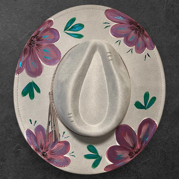 ONE SIZE: Vegan Suede Baby Blue with purple flowers - Wide Brim Fedora