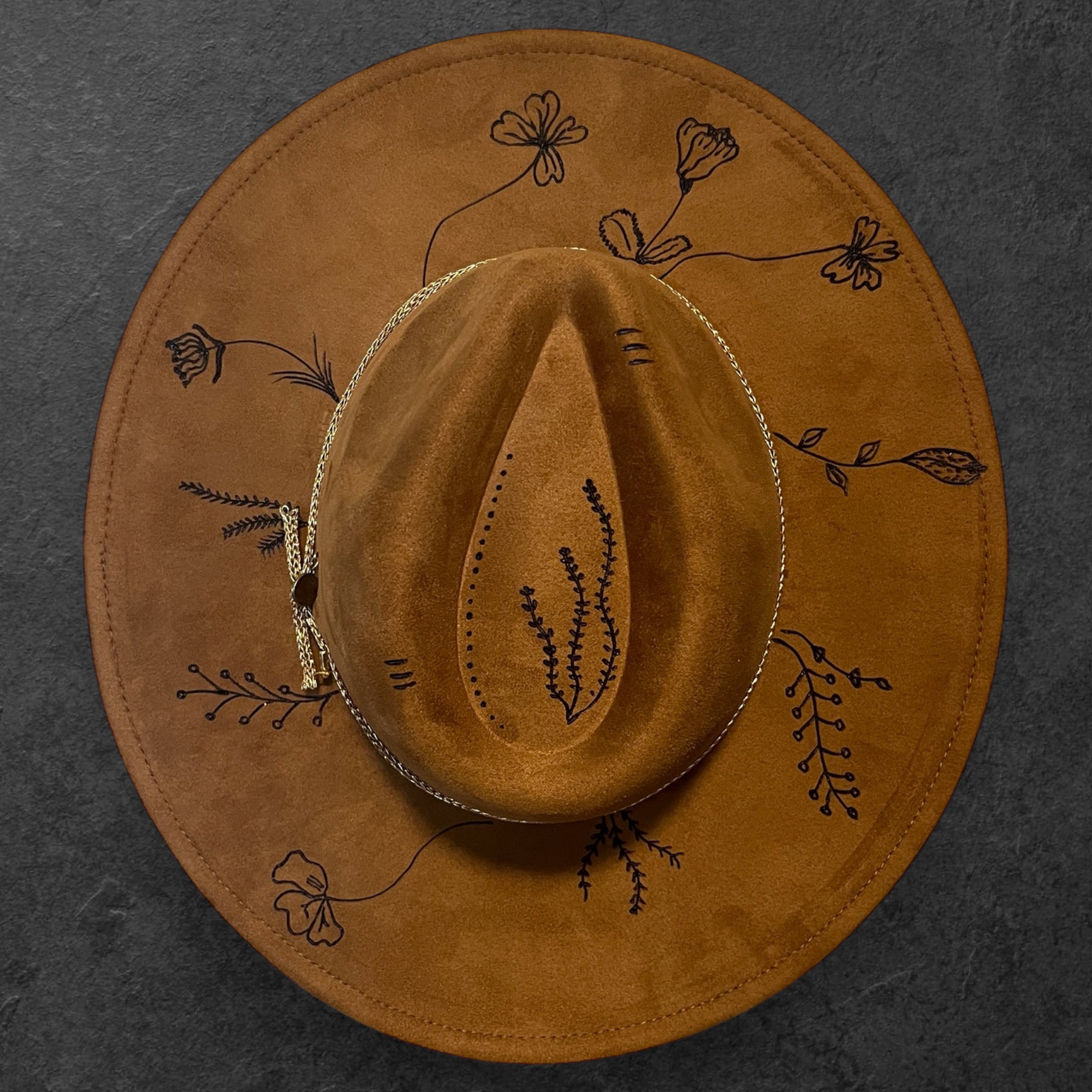 ONE SIZE: Vegan Suede Wild Flowers and Gold - Wide Brim Fedora