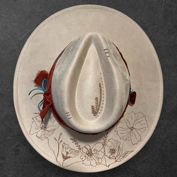 ONE SIZE: Vegan Suede Champagne Hat with Poppies and guitar pic - Wide Brim Fedora